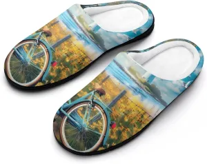 Coastal Lighthouse And Seagull Seaside Bikes Mens Slippers Casual Slip On Warm House Shoes with Rubber Sole Indoor Outdoor