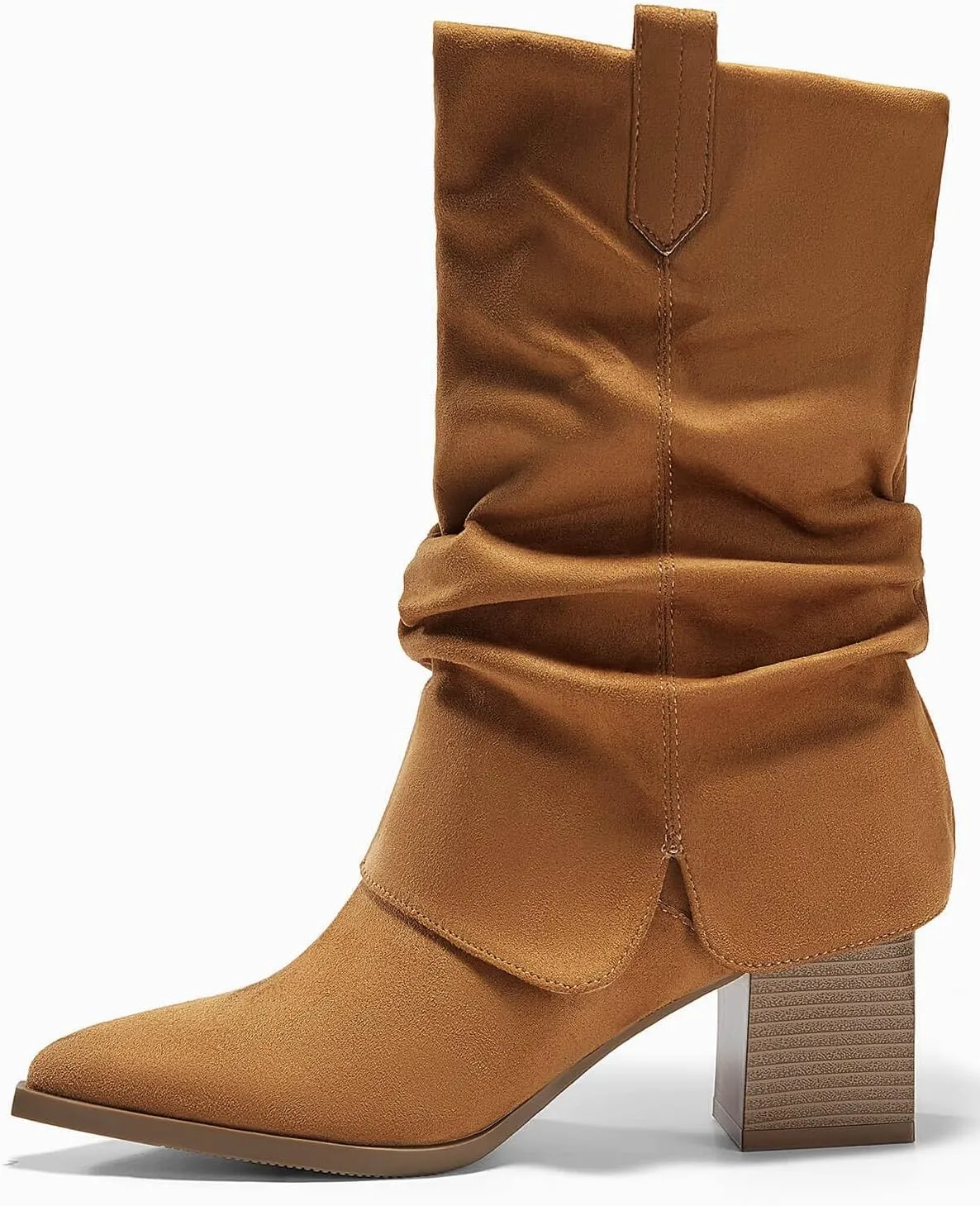 Coutgo Womens Fold Over Mid Calf Boots Slouchy Pointed Toe Chunky Heel Boots Pull On Winter Western Boot Shoes