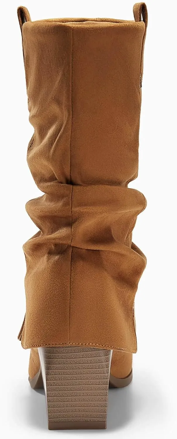 Coutgo Womens Fold Over Mid Calf Boots Slouchy Pointed Toe Chunky Heel Boots Pull On Winter Western Boot Shoes