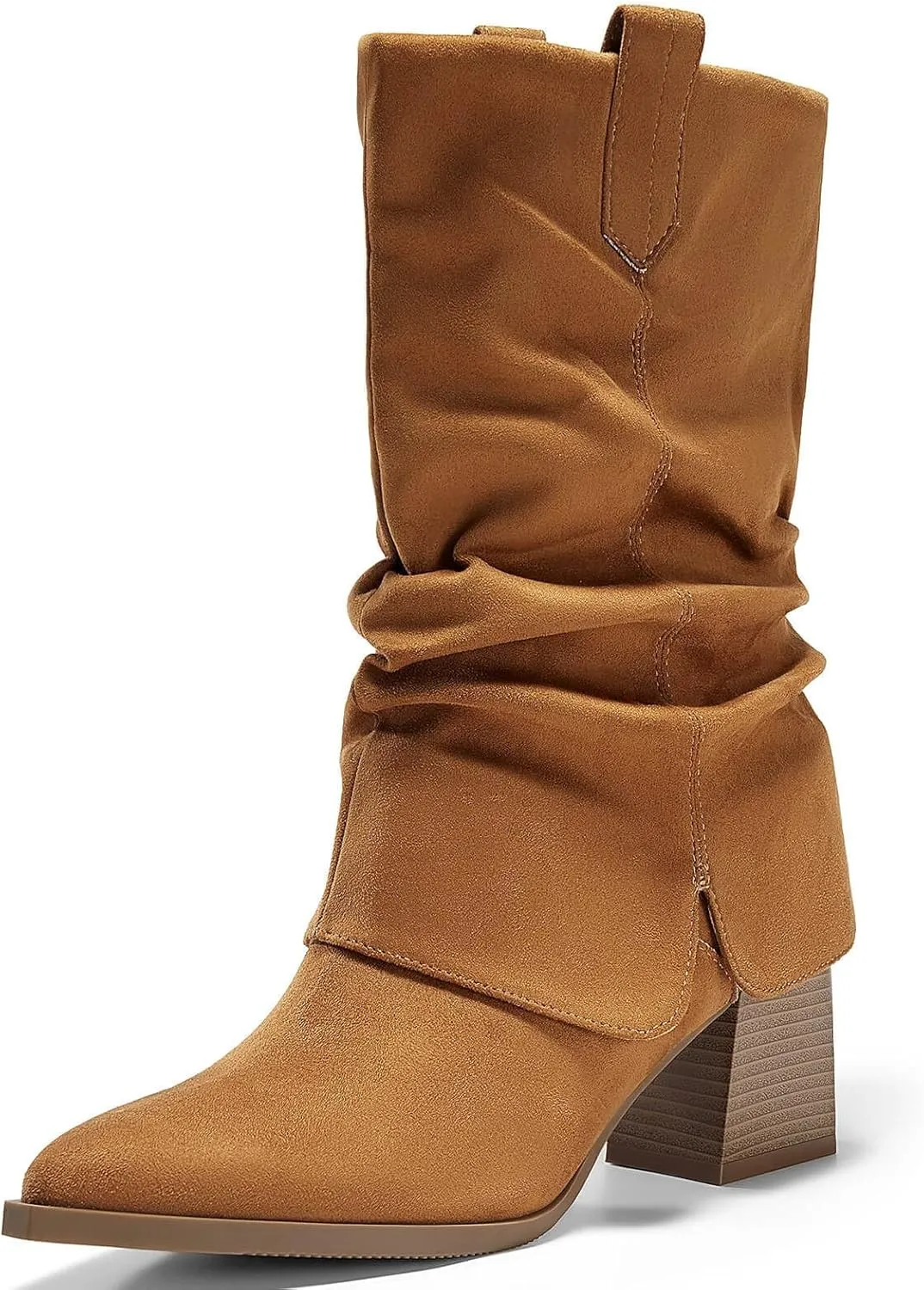 Coutgo Womens Fold Over Mid Calf Boots Slouchy Pointed Toe Chunky Heel Boots Pull On Winter Western Boot Shoes