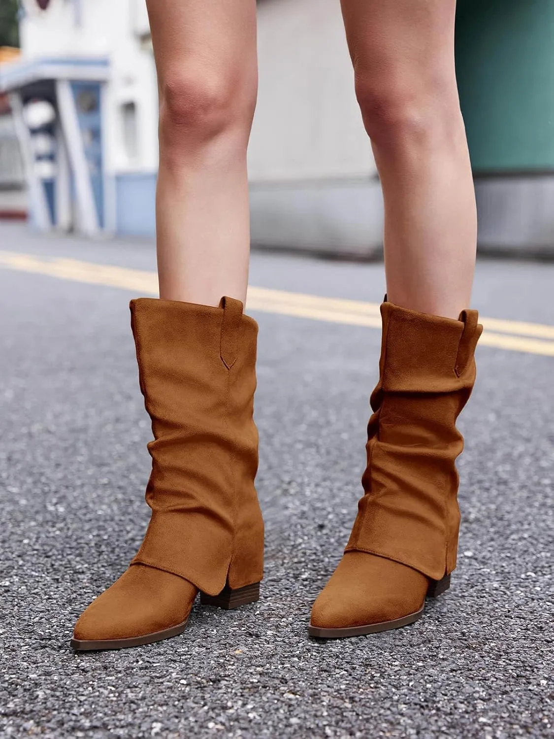 Coutgo Womens Fold Over Mid Calf Boots Slouchy Pointed Toe Chunky Heel Boots Pull On Winter Western Boot Shoes