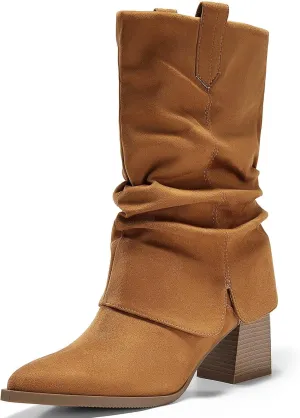 Coutgo Womens Fold Over Mid Calf Boots Slouchy Pointed Toe Chunky Heel Boots Pull On Winter Western Boot Shoes