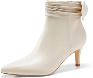 Coutgo Womens Kitten Heel Ankle Boots Bow Closed Pointed Toe Booties Pleated Side Zipper Winter Boot Shoes