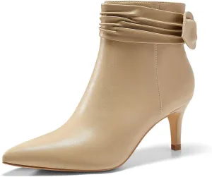 Coutgo Womens Kitten Heel Ankle Boots Bow Closed Pointed Toe Booties Pleated Side Zipper Winter Boot Shoes