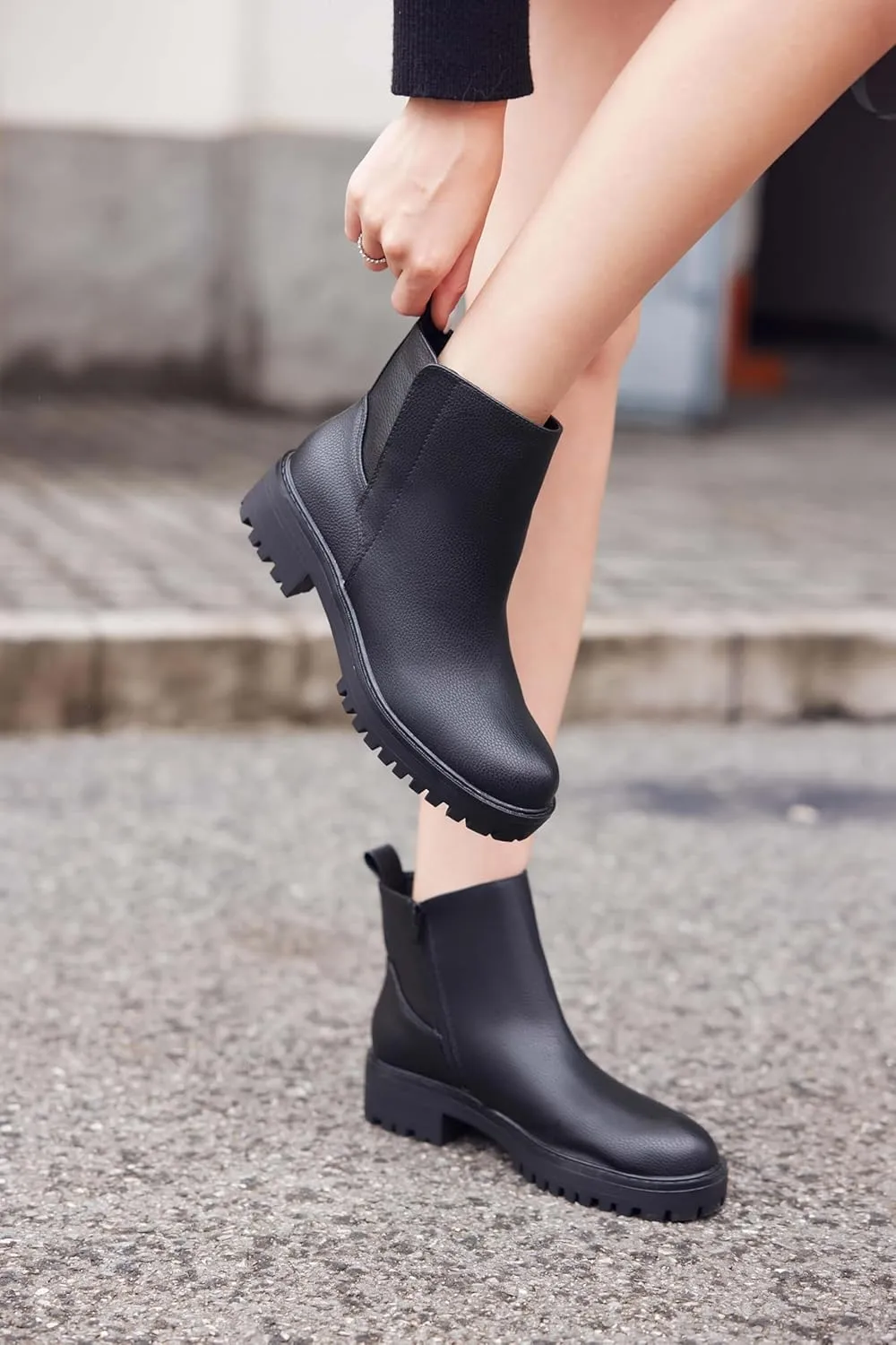 Coutgo Womens Low Heel Chelsea Ankle Boots Platform Lug Sole Booties Pull On Fall Short Boot Shoes