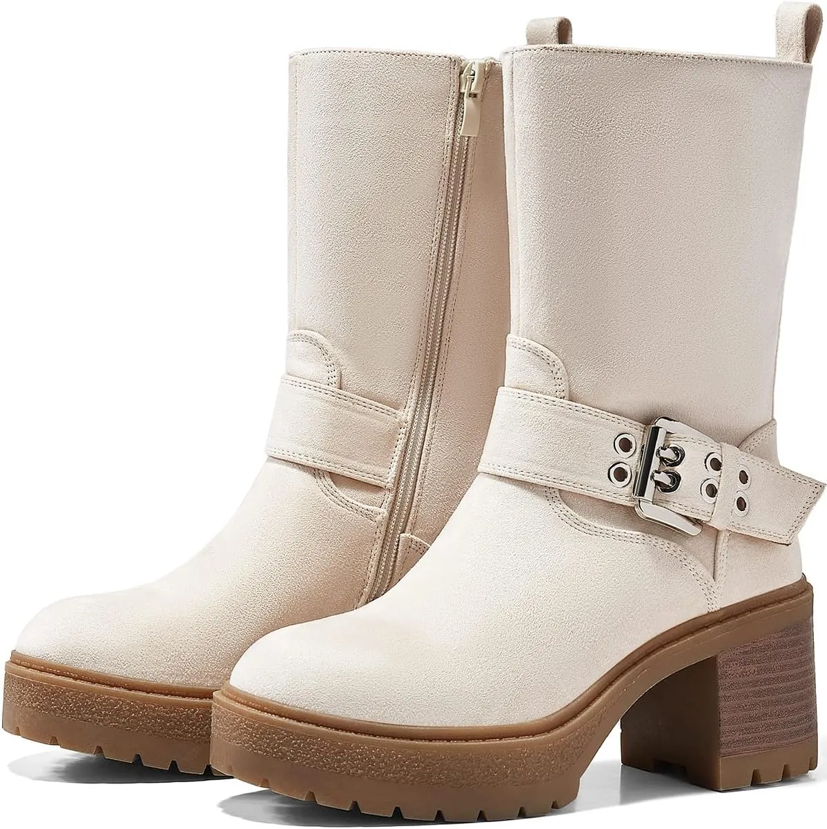 Coutgo Women’s Mid Calf Boots Platform Chunky Heel Booties Buckle Zipper Winter Motorcycle Boot Shoes