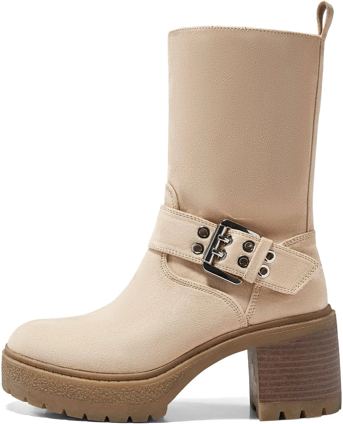 Coutgo Women’s Mid Calf Boots Platform Chunky Heel Booties Buckle Zipper Winter Motorcycle Boot Shoes