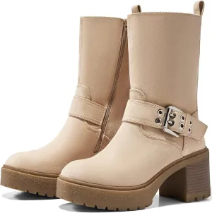 Coutgo Women’s Mid Calf Boots Platform Chunky Heel Booties Buckle Zipper Winter Motorcycle Boot Shoes