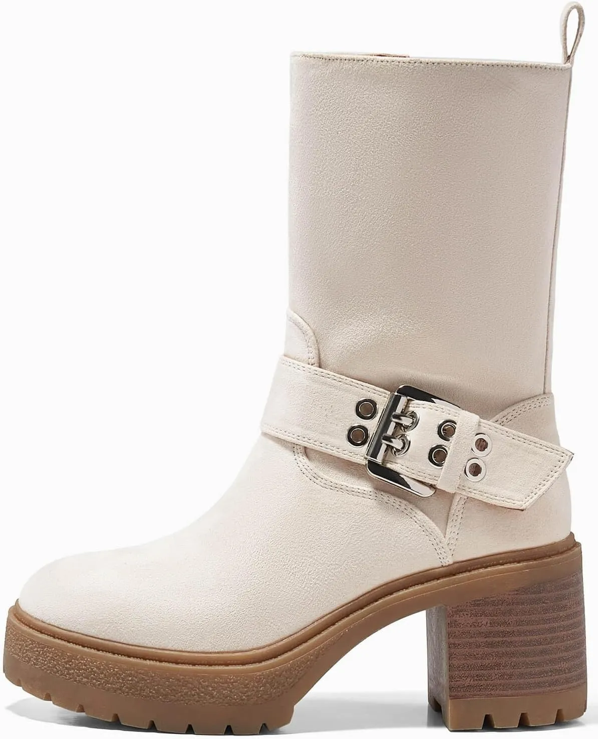 Coutgo Women’s Mid Calf Boots Platform Chunky Heel Booties Buckle Zipper Winter Motorcycle Boot Shoes