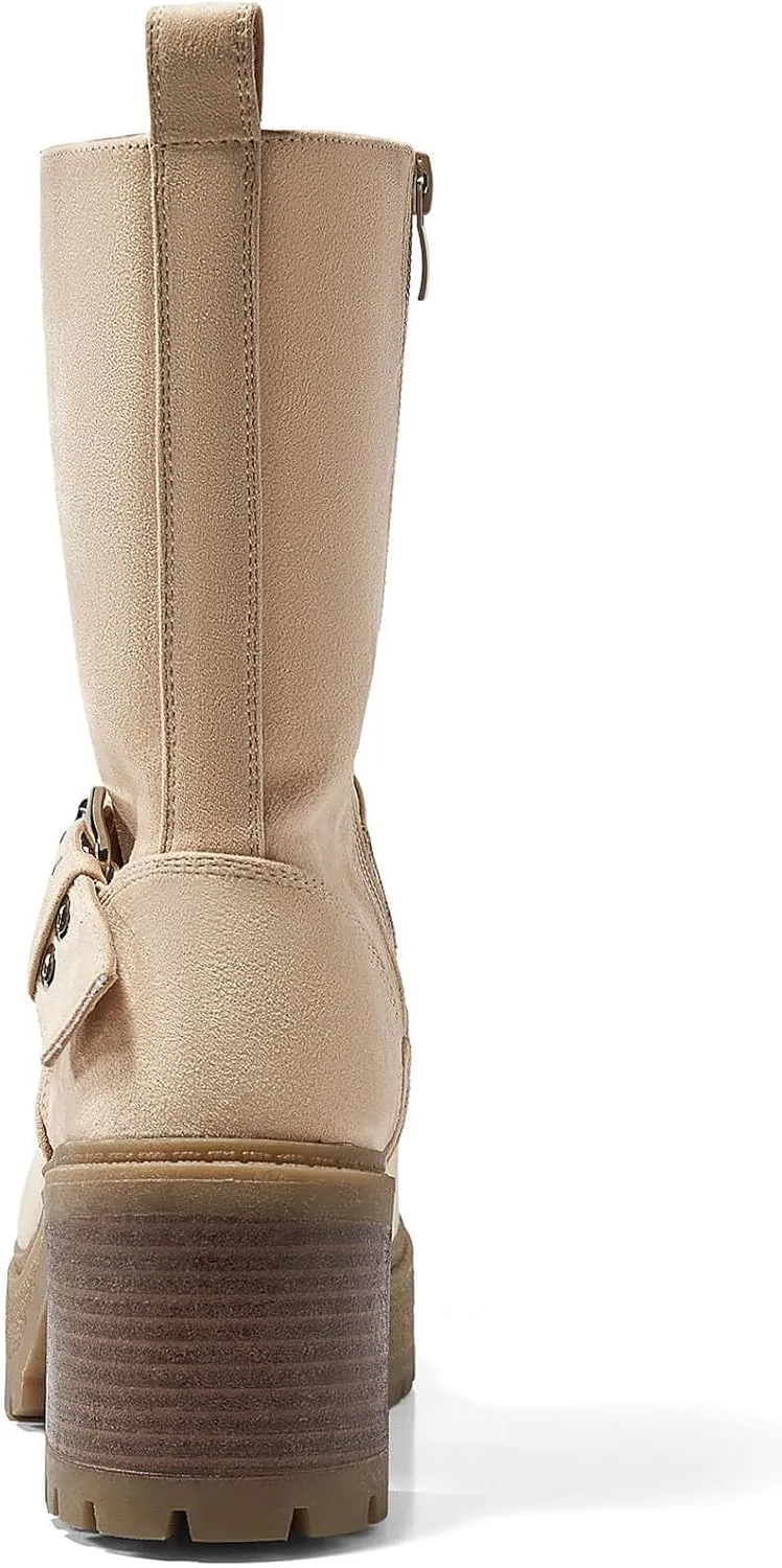 Coutgo Women’s Mid Calf Boots Platform Chunky Heel Booties Buckle Zipper Winter Motorcycle Boot Shoes