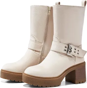Coutgo Women’s Mid Calf Boots Platform Chunky Heel Booties Buckle Zipper Winter Motorcycle Boot Shoes