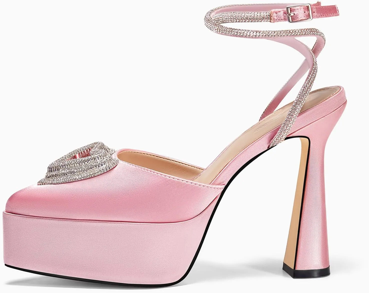 Coutgo Womens Platform High Chunky Heels Rhinestone Triple Heart Pointed Toe Ankle Strap Party Wedding Dress Pumps Shoes