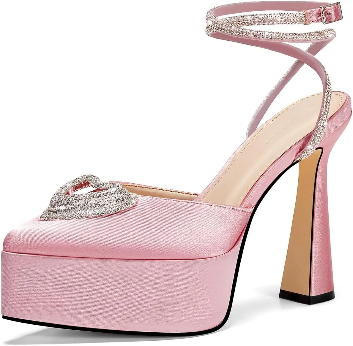 Coutgo Womens Platform High Chunky Heels Rhinestone Triple Heart Pointed Toe Ankle Strap Party Wedding Dress Pumps Shoes