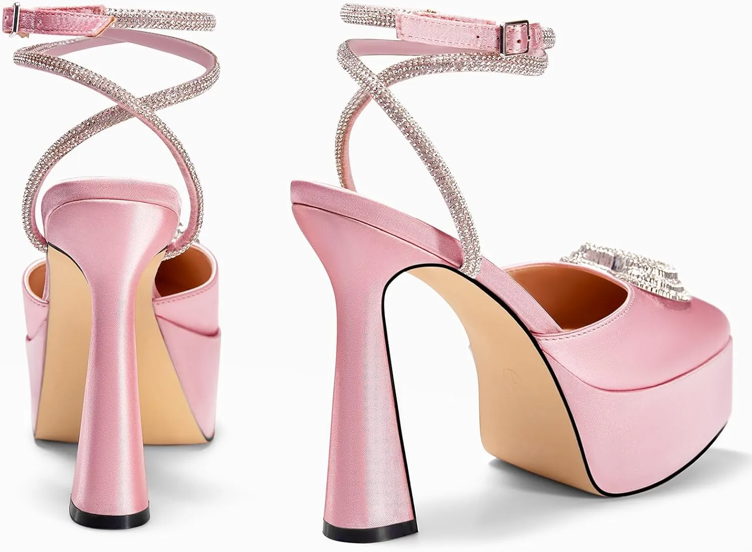 Coutgo Womens Platform High Chunky Heels Rhinestone Triple Heart Pointed Toe Ankle Strap Party Wedding Dress Pumps Shoes