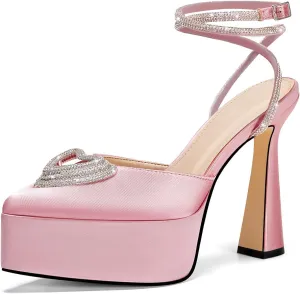 Coutgo Womens Platform High Chunky Heels Rhinestone Triple Heart Pointed Toe Ankle Strap Party Wedding Dress Pumps Shoes