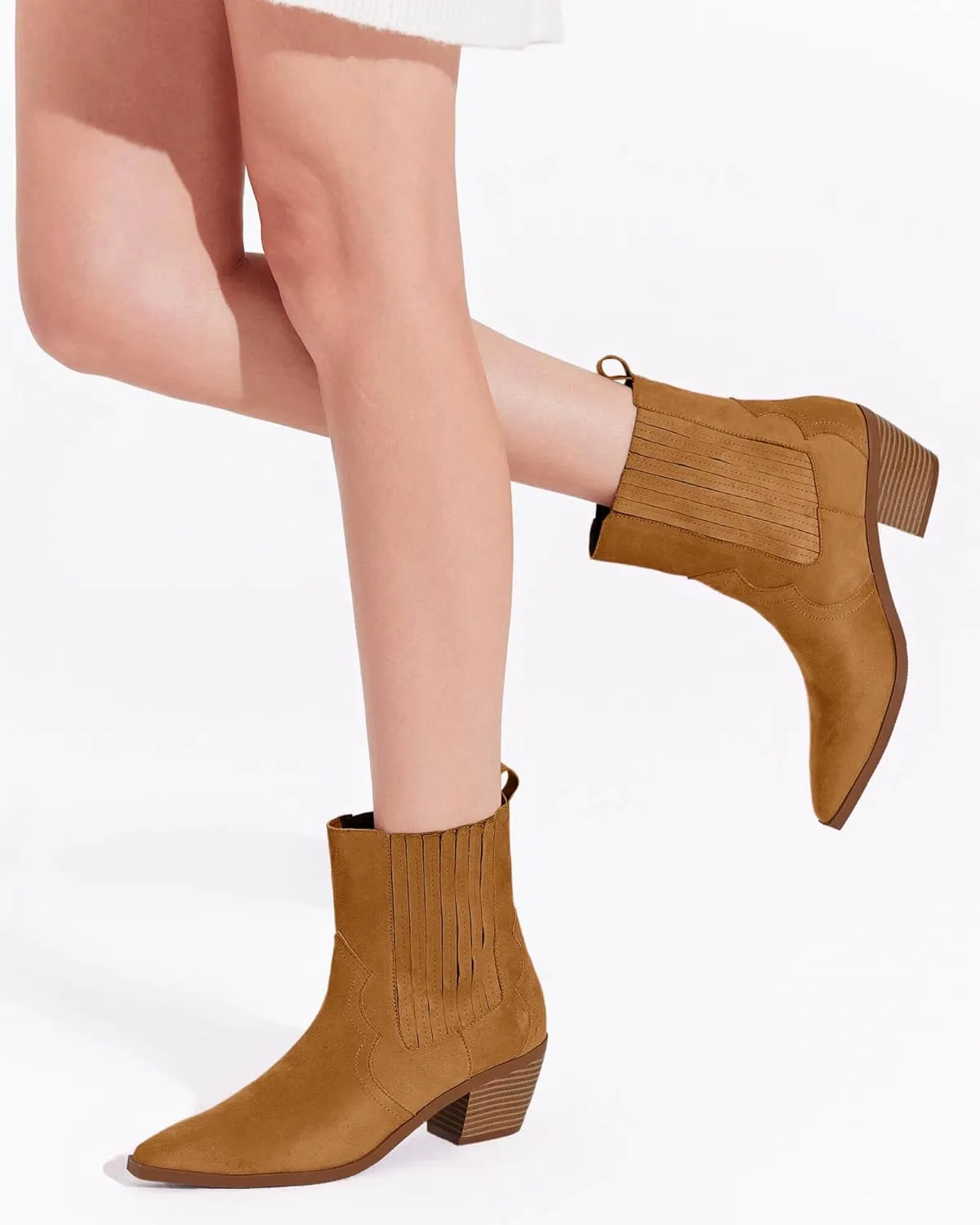 Coutgo Womens Western Pointed Toe Ankle Booties Chunky Stacked Heel Chelsea Boots Cowboy Elastic Winter Boots