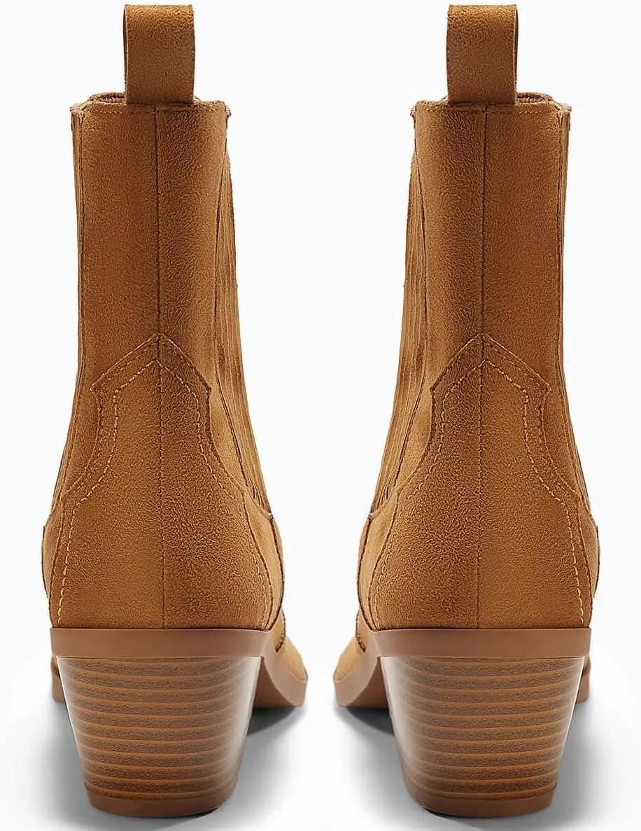 Coutgo Womens Western Pointed Toe Ankle Booties Chunky Stacked Heel Chelsea Boots Cowboy Elastic Winter Boots