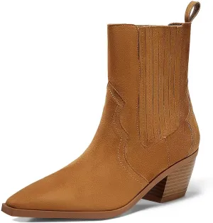 Coutgo Womens Western Pointed Toe Ankle Booties Chunky Stacked Heel Chelsea Boots Cowboy Elastic Winter Boots