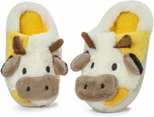 Cute Cartoon Cow Slippers for Girls Boys, Toddler Kids Animal House Slipper Warm Fuzzy Shoes with Memory Foam for Indoor Outdoor