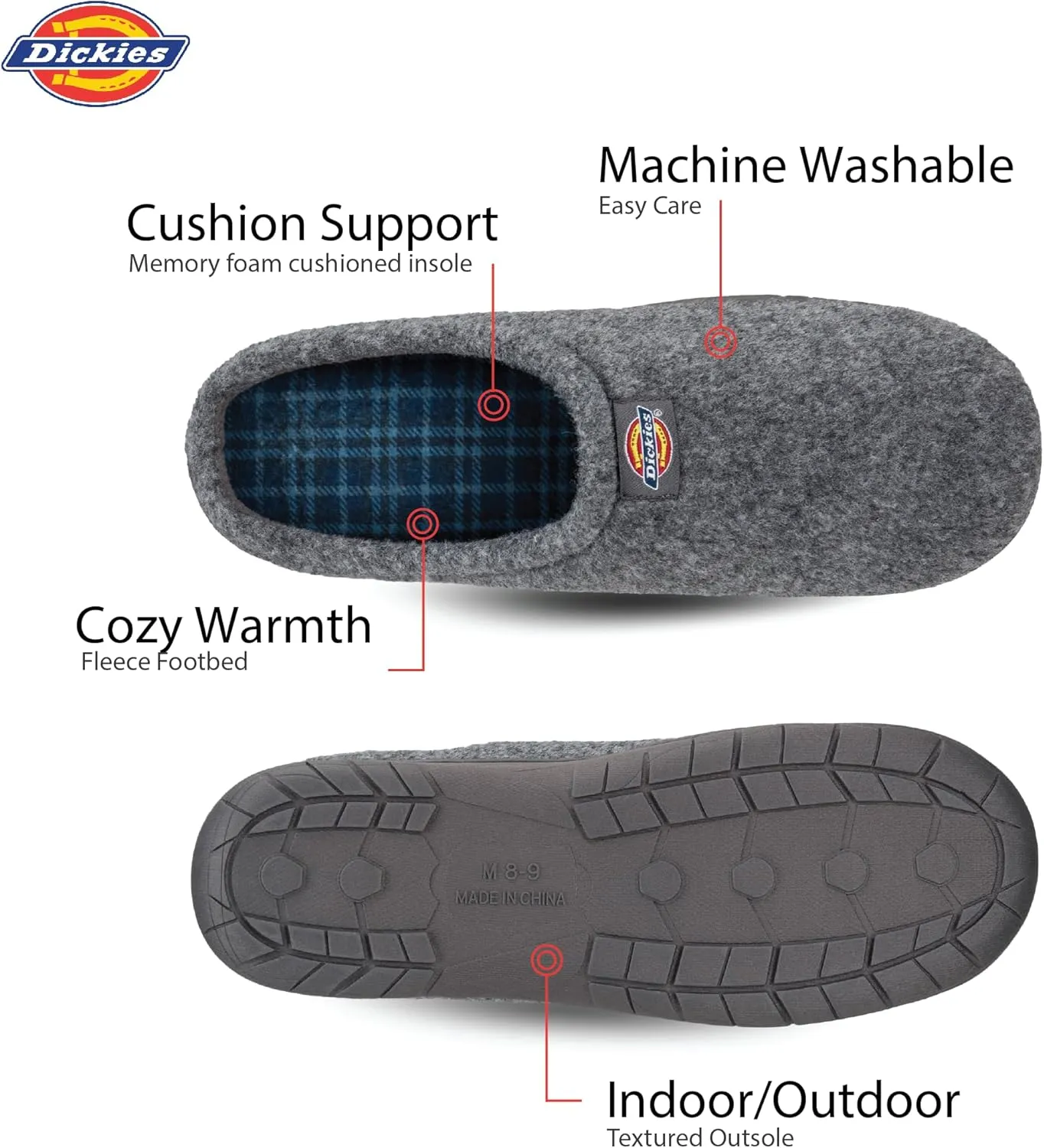 Dickies Men's Felt Clog Memory Foam Slipper - Indoor/Outdoor Sole, Machine Washable