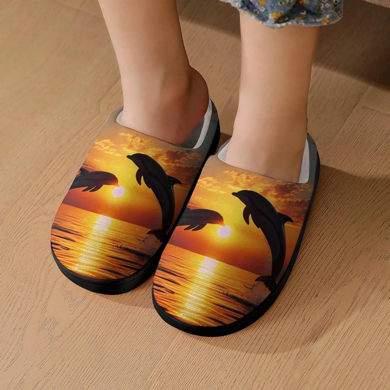 Dolphin Sunset Kids Toddler Cotton Slippers Slip-on House Shoes for Bedroom Indoor Outdoor