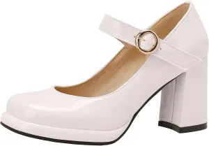 Elbslutt Women's Patent Leather Chunky Mary Janes Platform Square Toe High Block Heels Ankle Strap Pumps