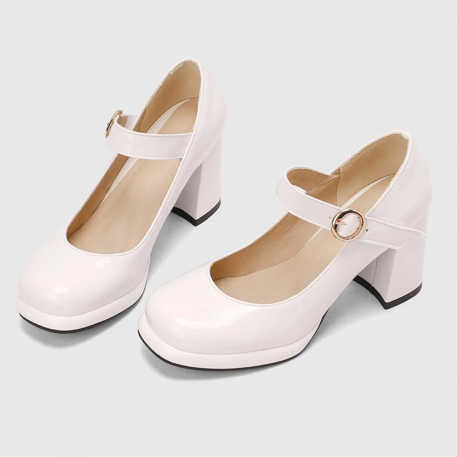 Elbslutt Women's Patent Leather Chunky Mary Janes Platform Square Toe High Block Heels Ankle Strap Pumps