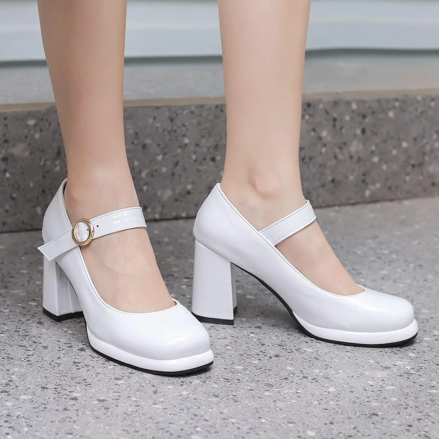 Elbslutt Women's Patent Leather Chunky Mary Janes Platform Square Toe High Block Heels Ankle Strap Pumps