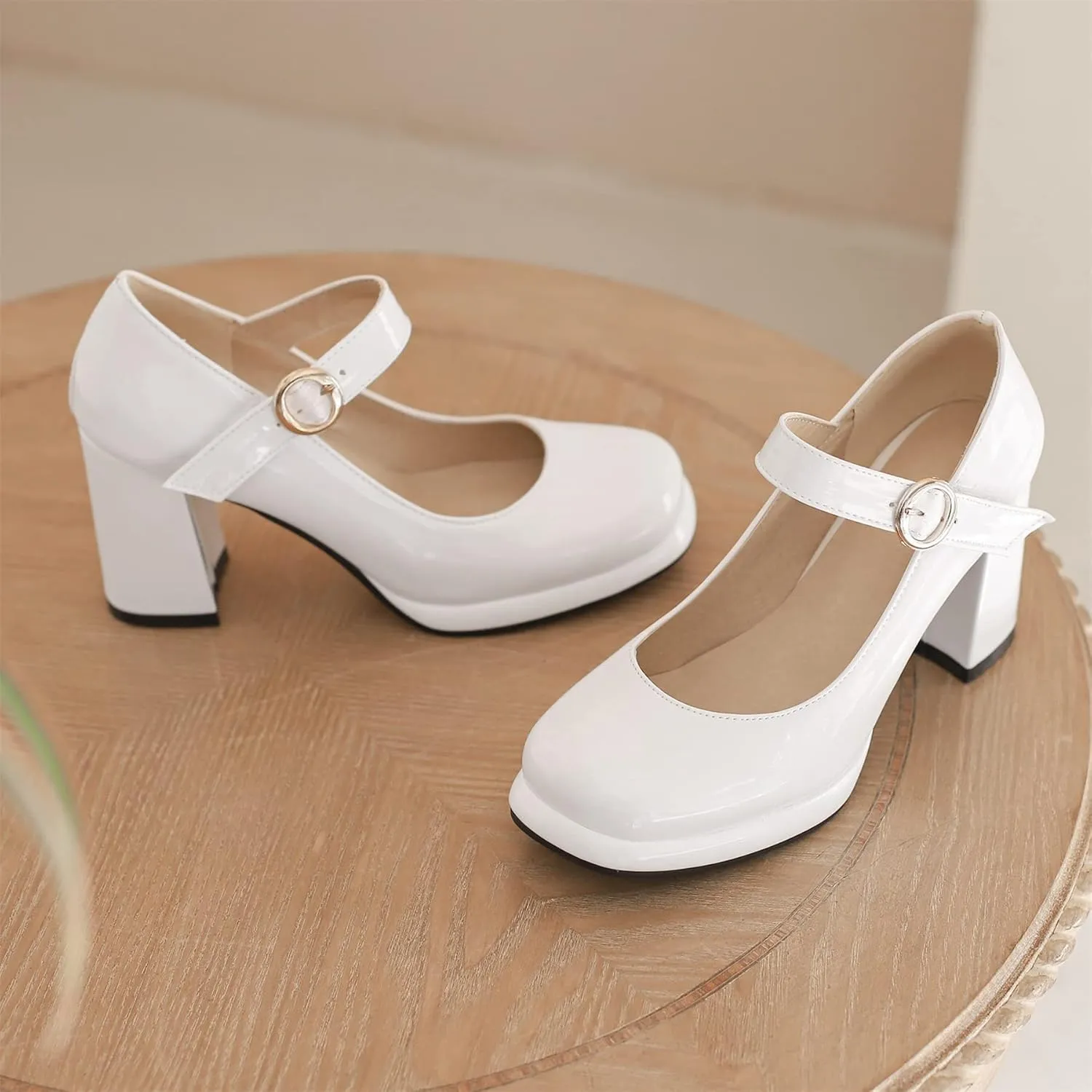 Elbslutt Women's Patent Leather Chunky Mary Janes Platform Square Toe High Block Heels Ankle Strap Pumps