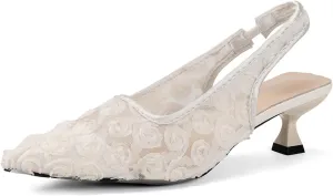 Elegant Lace Kitten Heels for Women - Black Slingback Pointed Toe Floral Mesh Dress Shoes - Low Heel Formal Wedding Guest Party Sandals