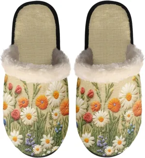 Embroidery Floral Pattern Women's Fuzzy Scuff Slippers Soft Comfy Memory Foam Non-slip Indoor House Shoes