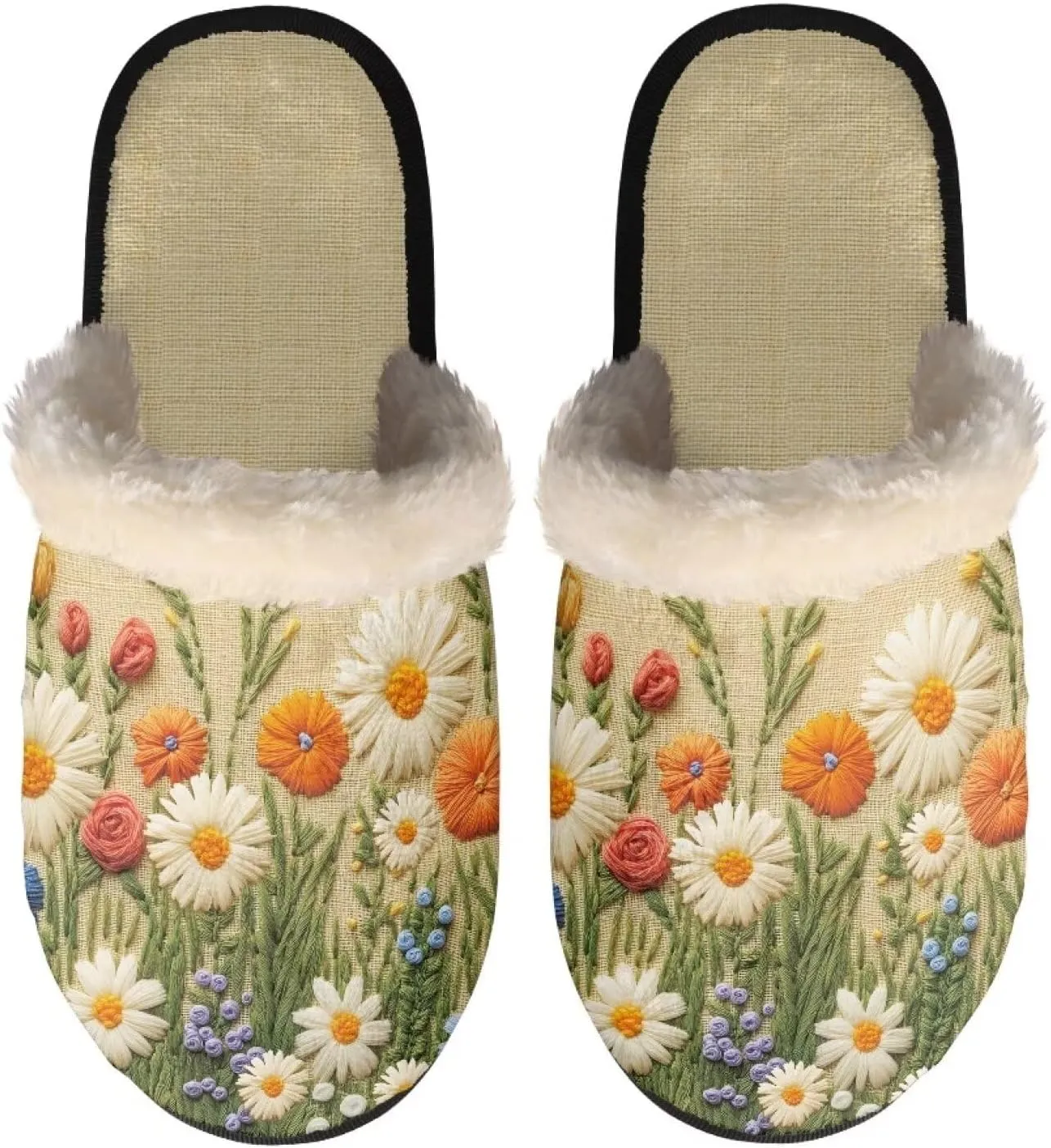 Embroidery Floral Pattern Women's Fuzzy Scuff Slippers Soft Comfy Memory Foam Non-slip Indoor House Shoes