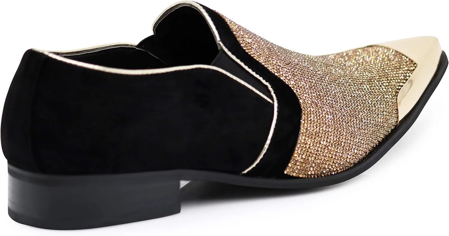 Enzo Romeo Crisiano Men Rhinestone Chrome Toe Suede Pointy Dress Loafer Slip On Shoes