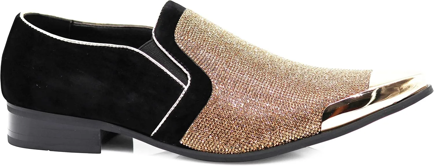 Enzo Romeo Crisiano Men Rhinestone Chrome Toe Suede Pointy Dress Loafer Slip On Shoes