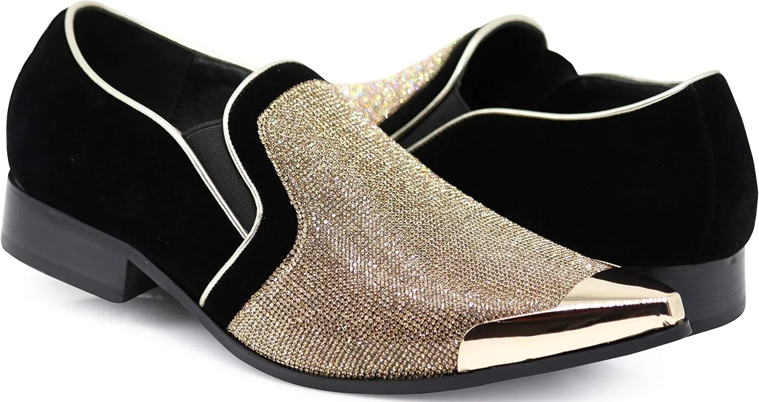 Enzo Romeo Crisiano Men Rhinestone Chrome Toe Suede Pointy Dress Loafer Slip On Shoes