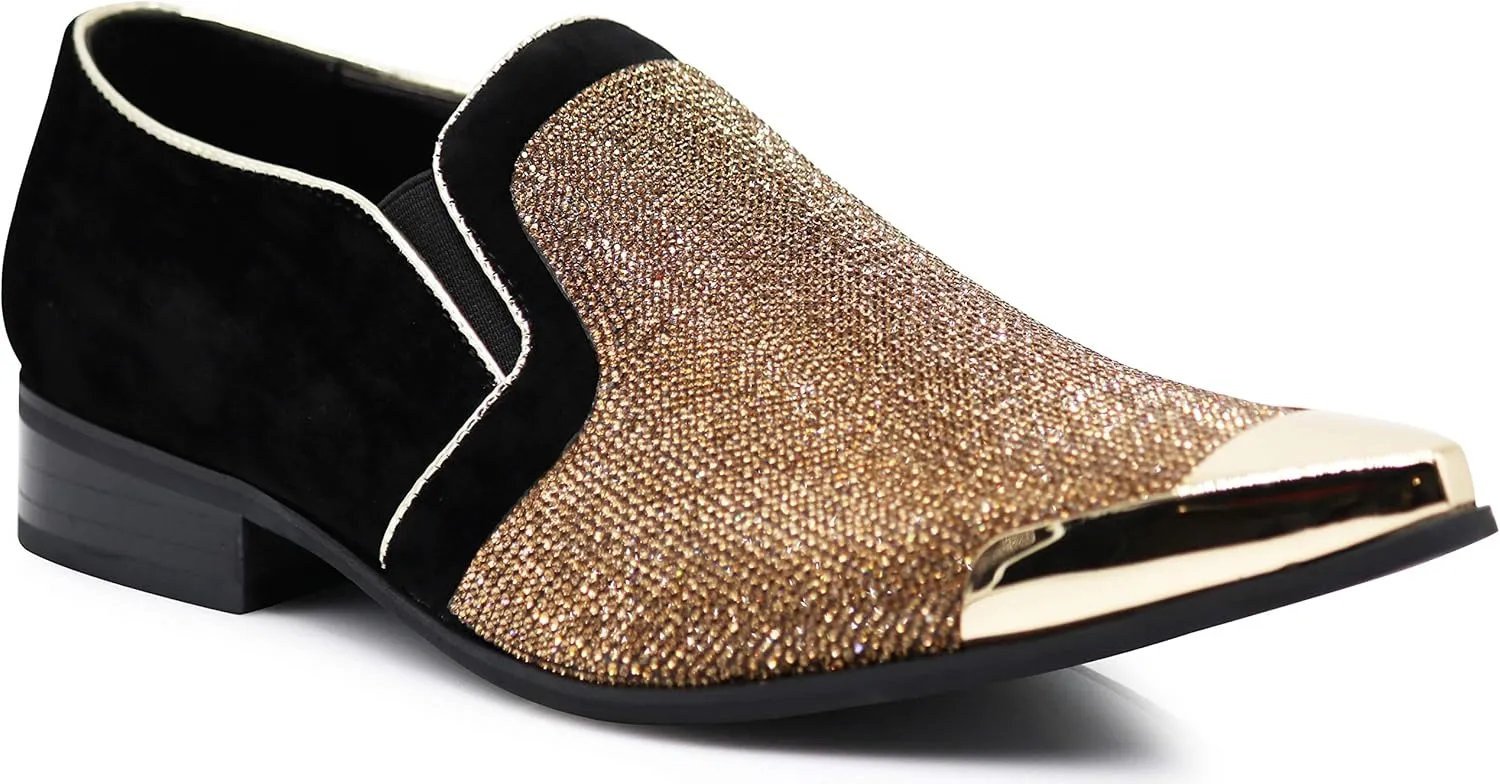 Enzo Romeo Crisiano Men Rhinestone Chrome Toe Suede Pointy Dress Loafer Slip On Shoes