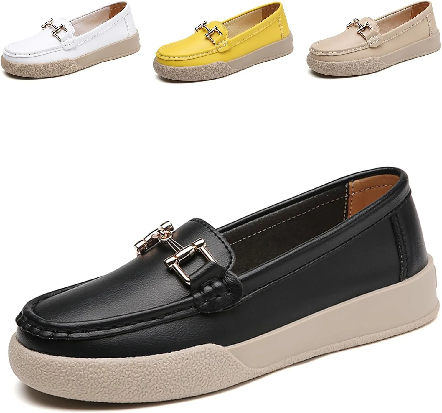 Ephirebra Women's Slip-On Leather Memory Foam Loafers Comfortable Non-Slip Walking Loafers Fashion Moccasins Dress Shoes