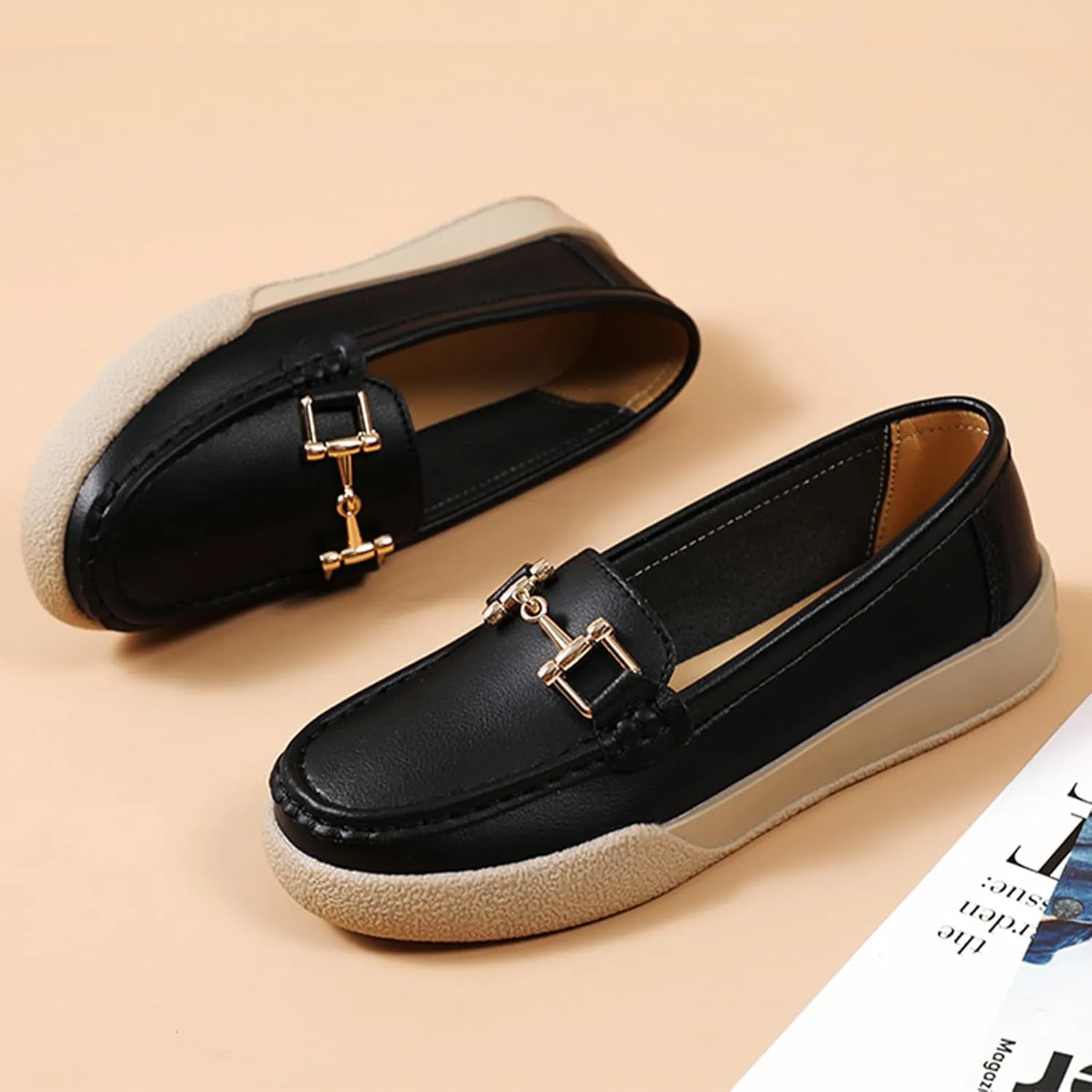 Ephirebra Women's Slip-On Leather Memory Foam Loafers Comfortable Non-Slip Walking Loafers Fashion Moccasins Dress Shoes