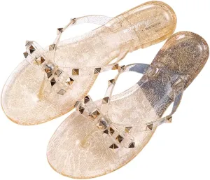Epsion Women's Studded Jelly Flip Flop Sandals Casual Summer Flat Shoes Open Toes Rivets Bow Slide Beach Clear Slipper