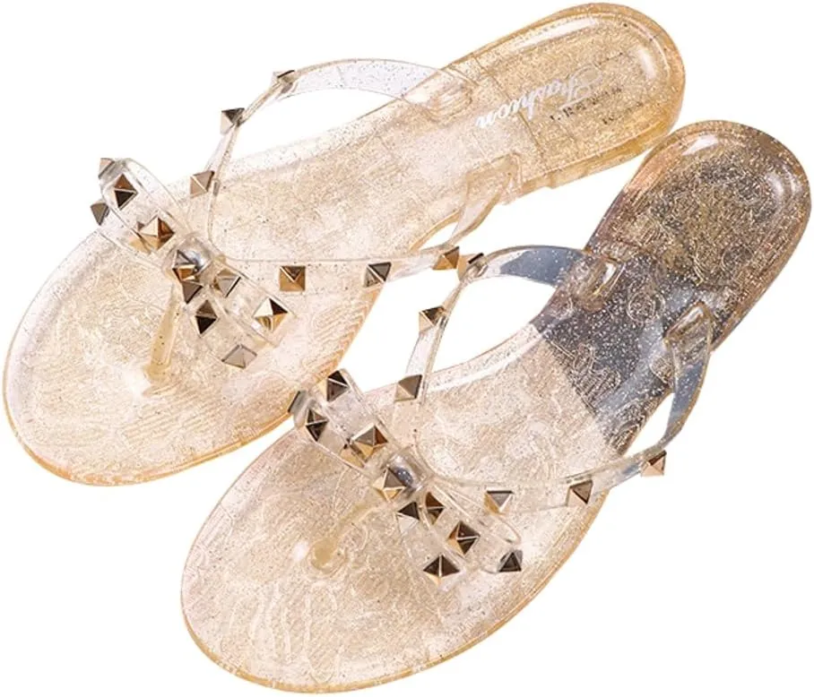 Epsion Women's Studded Jelly Flip Flop Sandals Casual Summer Flat Shoes Open Toes Rivets Bow Slide Beach Clear Slipper