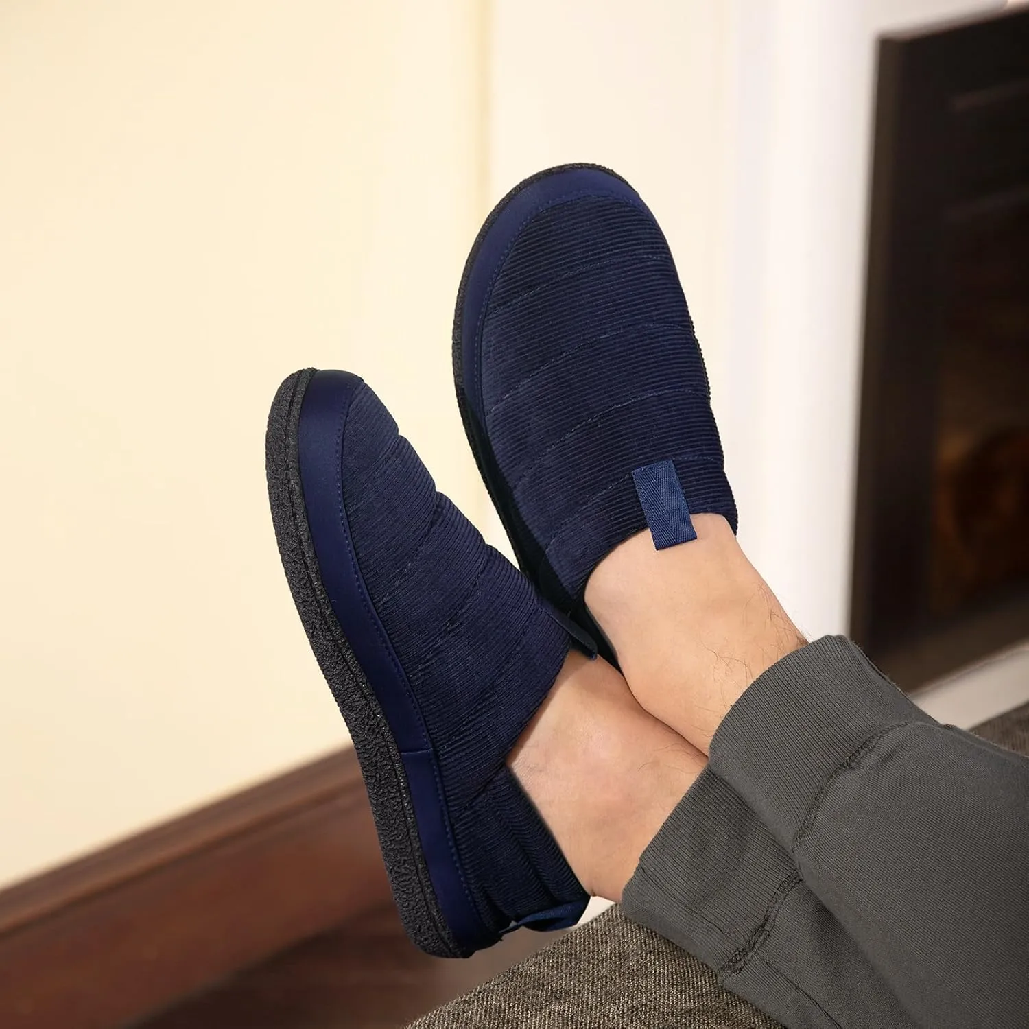 EverFoams Men's Quilted Slippers Soft Comfy Corduroy Closed-back Indoor Outdoor Memory Foam House Shoes