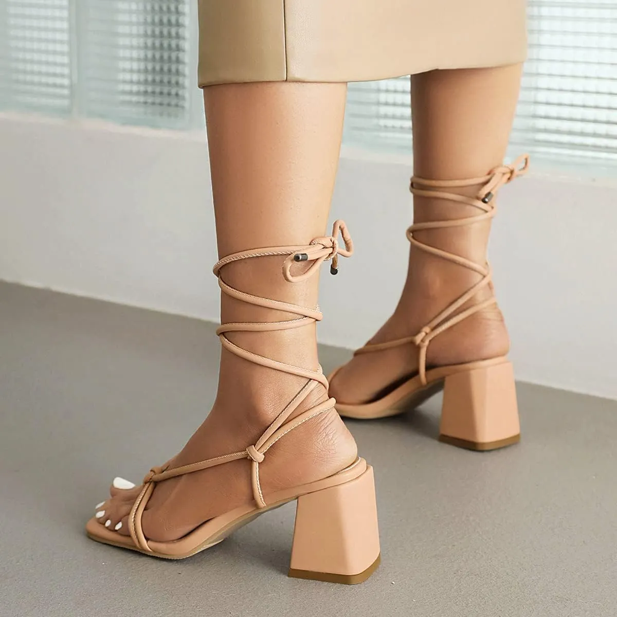 Fashion Lace Up Heels for Women Chunky Heel Strappy Sandals