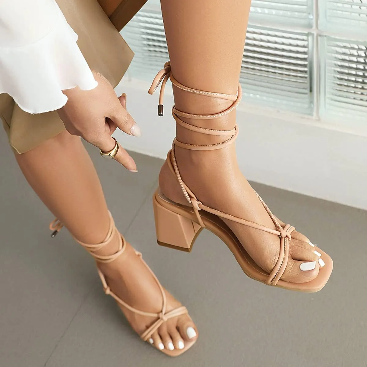 Fashion Lace Up Heels for Women Chunky Heel Strappy Sandals