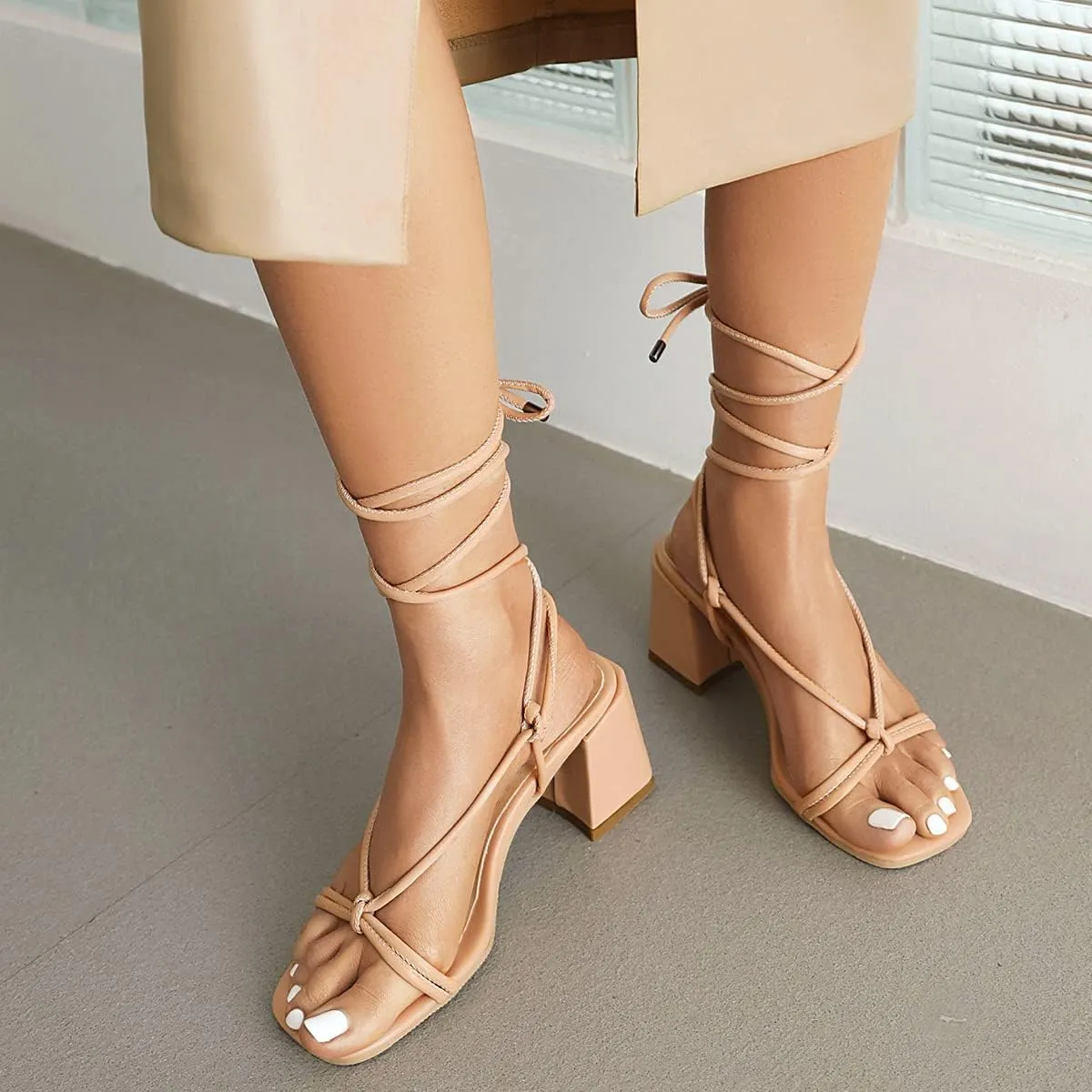 Fashion Lace Up Heels for Women Chunky Heel Strappy Sandals