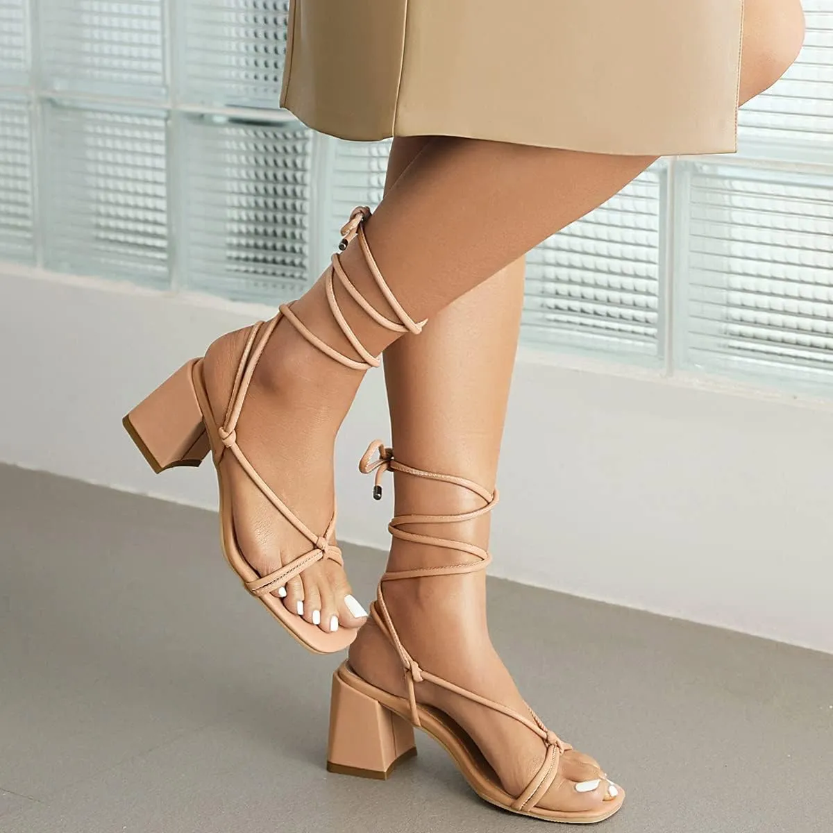 Fashion Lace Up Heels for Women Chunky Heel Strappy Sandals