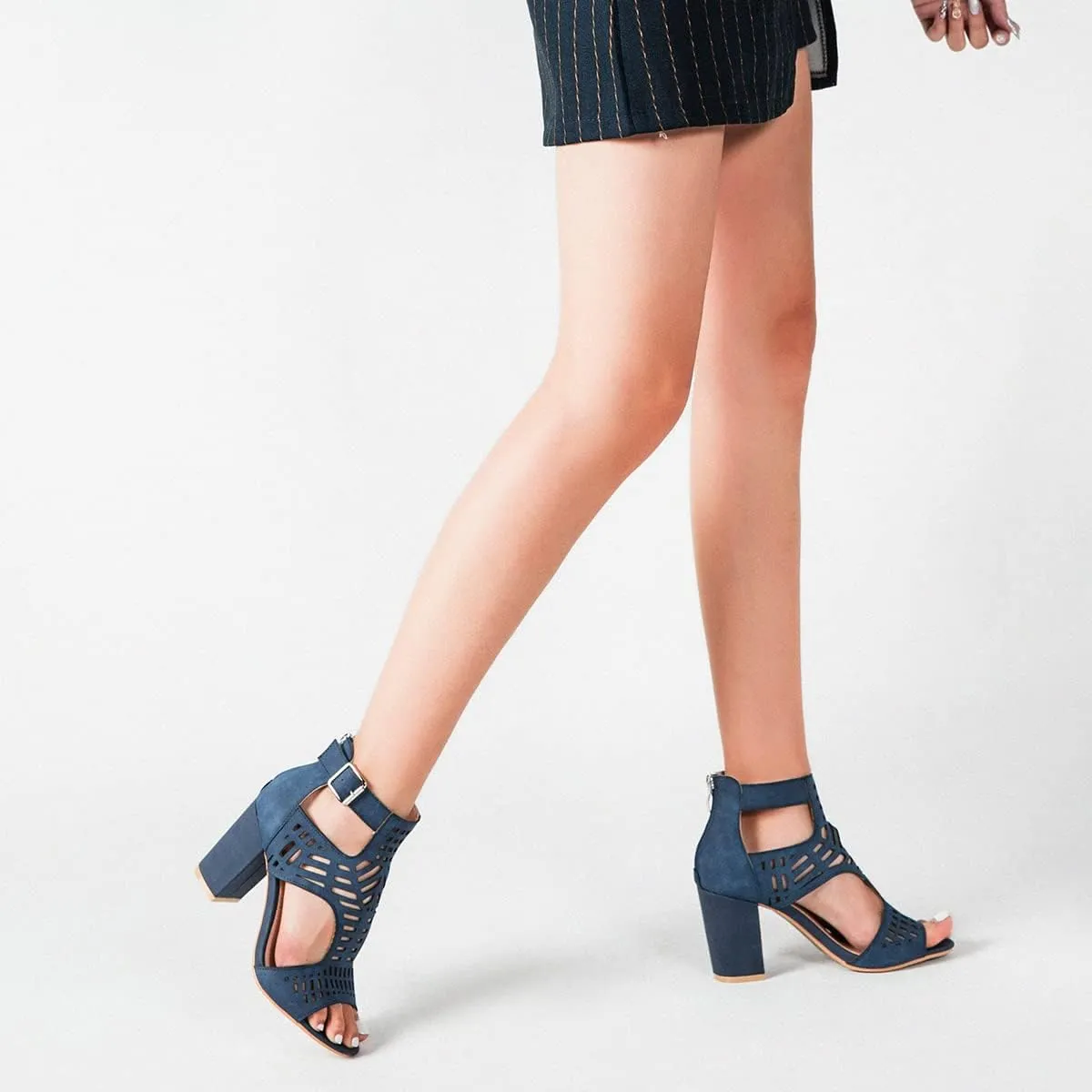 Fashion Peep Toe Booties for Women Cutout Block Heels Sandals Gladiator Summer Mesh Booties