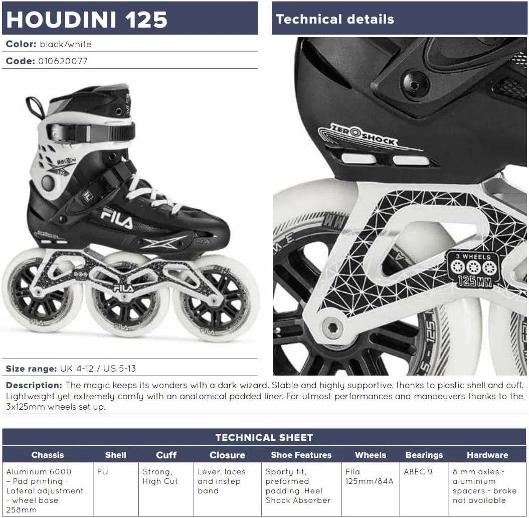 FILA Houdini 125mm Adult Inline Skates - High Speed Fitness Skates with ABEC 9 Bearings - Lightweight Aluminum Frame - Zero Shock Heel Cushioning - 3x125mm Wheel