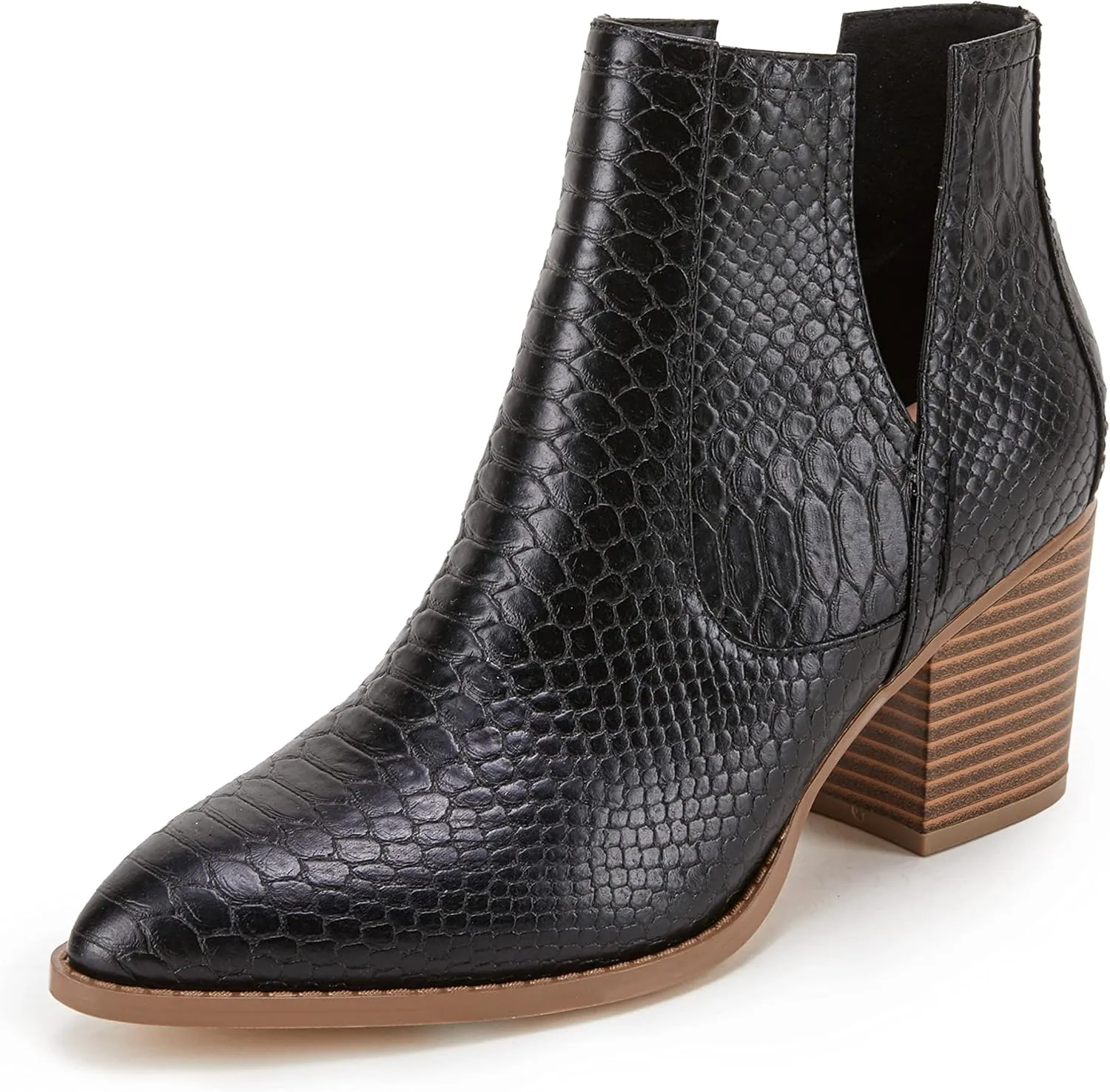 FISACE Womens Pointed Toe Stacked Mid Heel Ankle Boots V Cut Back Zipper Faux Leather Booties