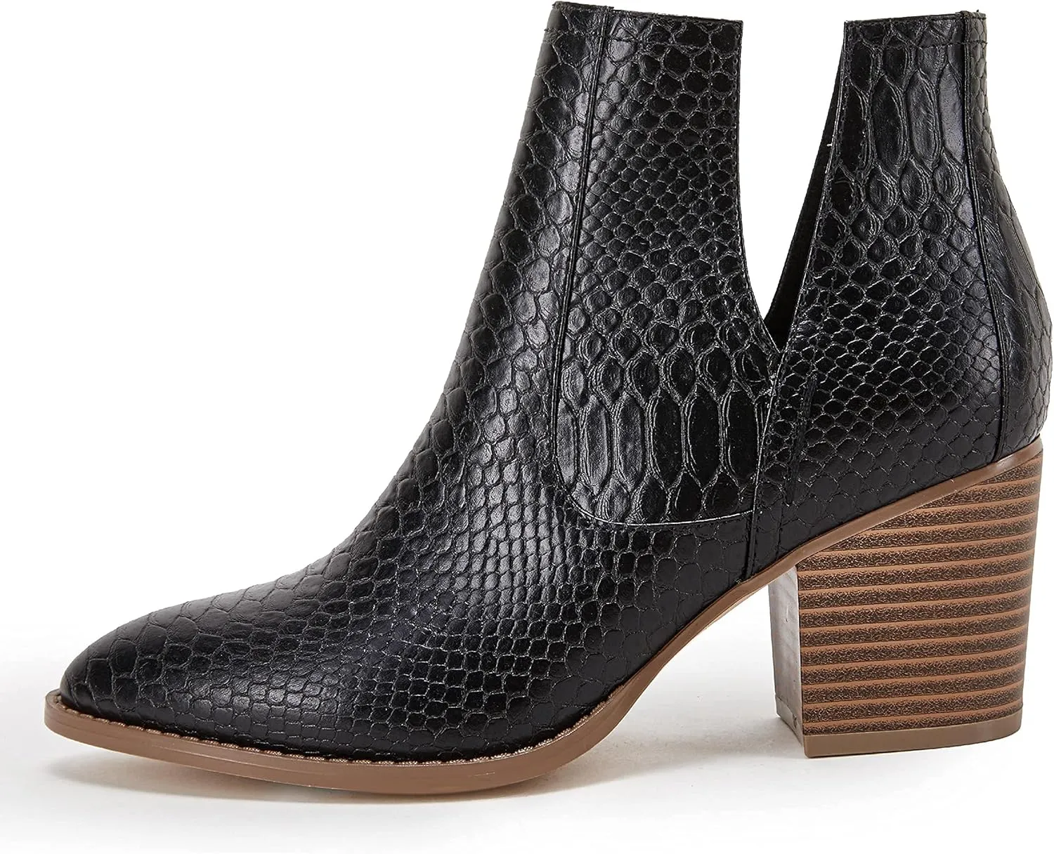 FISACE Womens Pointed Toe Stacked Mid Heel Ankle Boots V Cut Back Zipper Faux Leather Booties