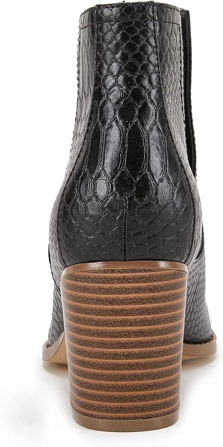 FISACE Womens Pointed Toe Stacked Mid Heel Ankle Boots V Cut Back Zipper Faux Leather Booties